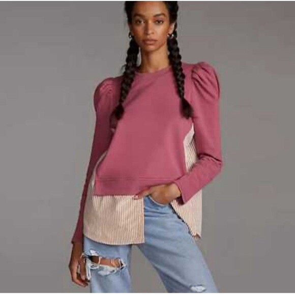 Maeve Anthropologie Layered Sweatshirt Tunic Womens XS  Mauve Puff Sleeve Office - Picture 1 of 8